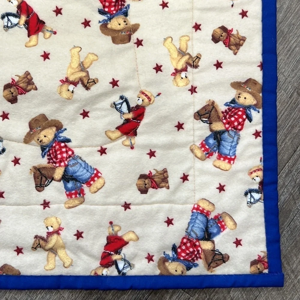 Hand Made Quilt cowboy teddy bear flannel back throw blanket 41x33 finished